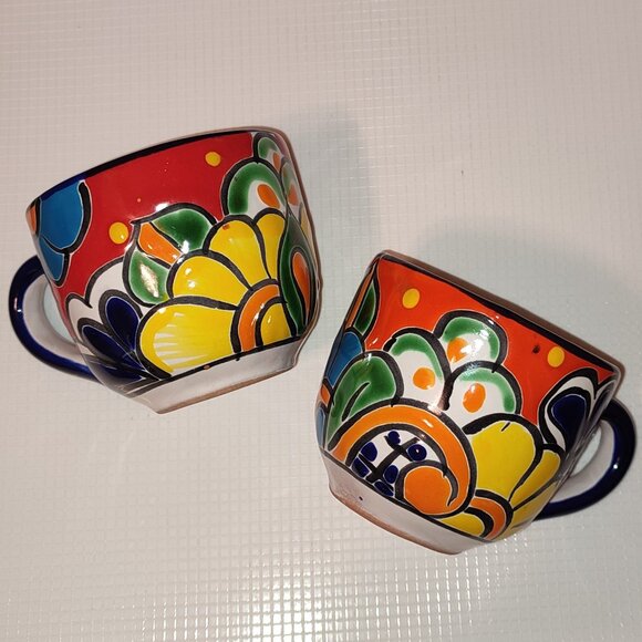 Set 2 Pcs Hand Painted Coffee Mugs Tea Wine Mexico Ethnic Colorful Happy - Picture 1 of 8